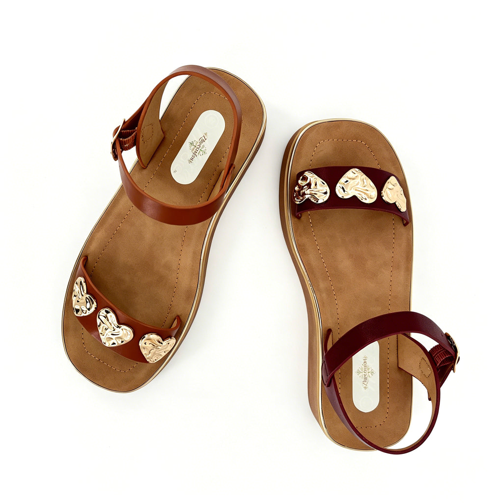 Women's Toe-Ring Platform Sandals with Triple Gold Hammered Heart | Chunky Cylinder Platform