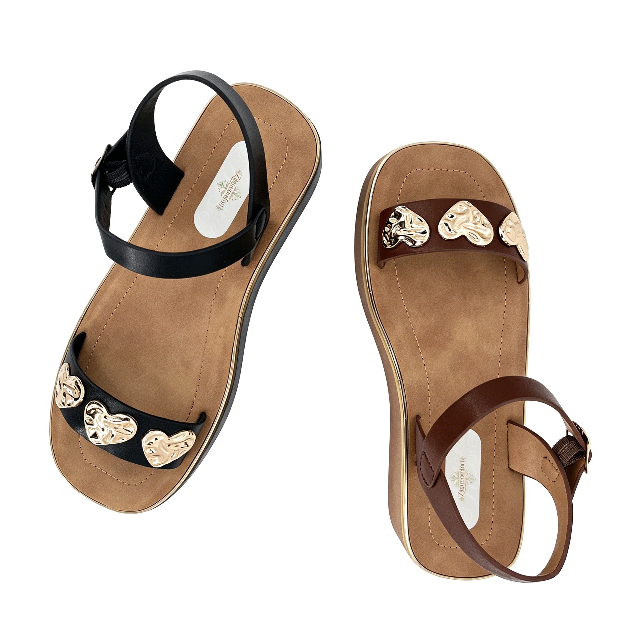 Women's Toe-Ring Platform Sandals with Triple Gold Hammered Heart | Chunky Cylinder Platform
