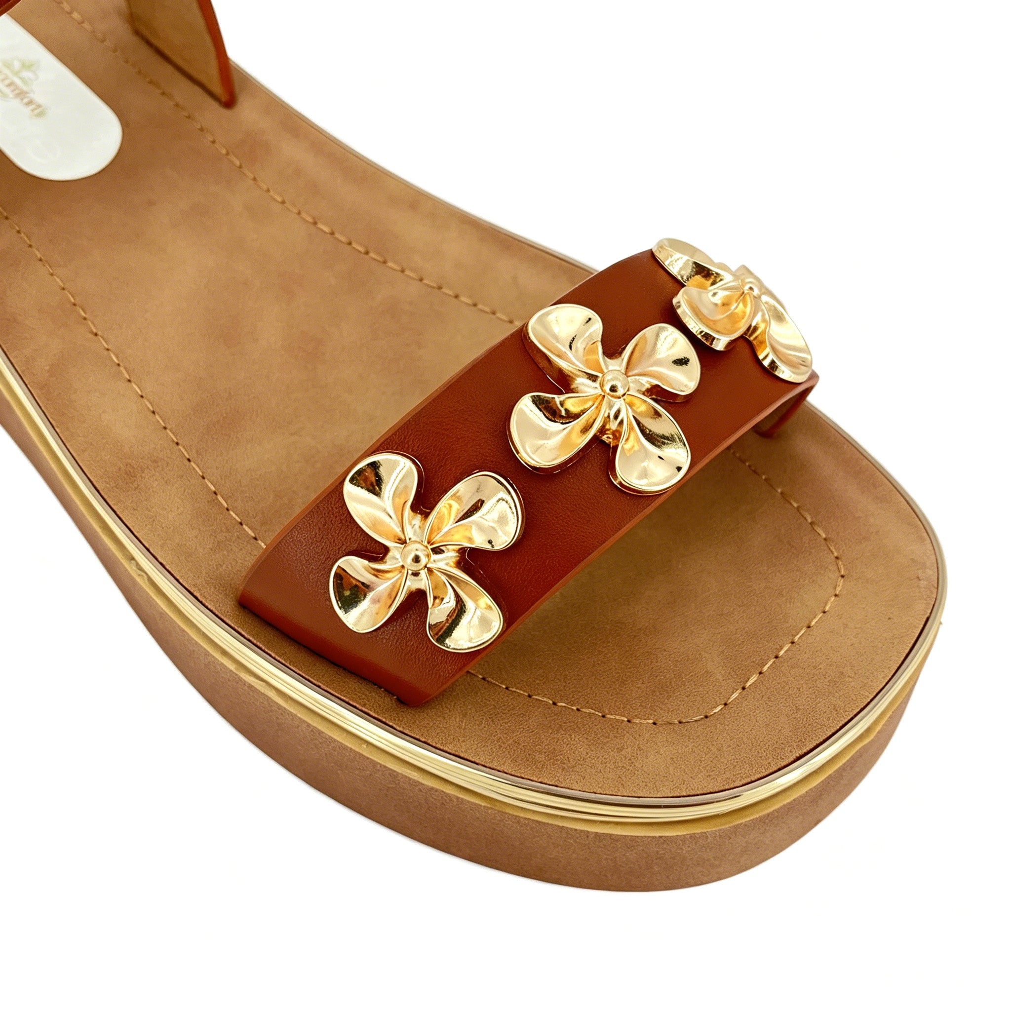 Women's Toe-Ring Platform Sandals with Triple Gold Sculpted Flower | Chunky Cylinder Platform