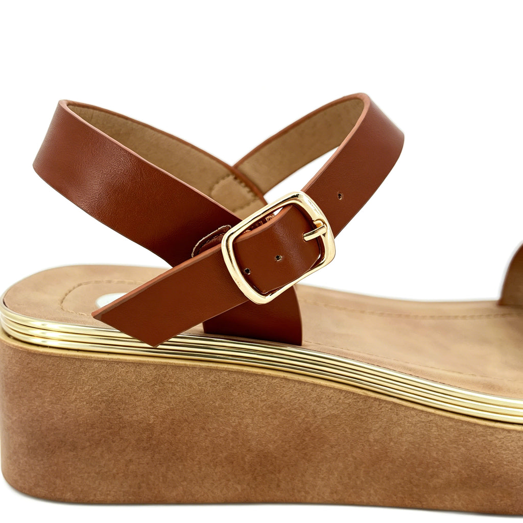 Women's Toe-Ring Platform Sandals with Triple Gold Sculpted Flower | Chunky Cylinder Platform