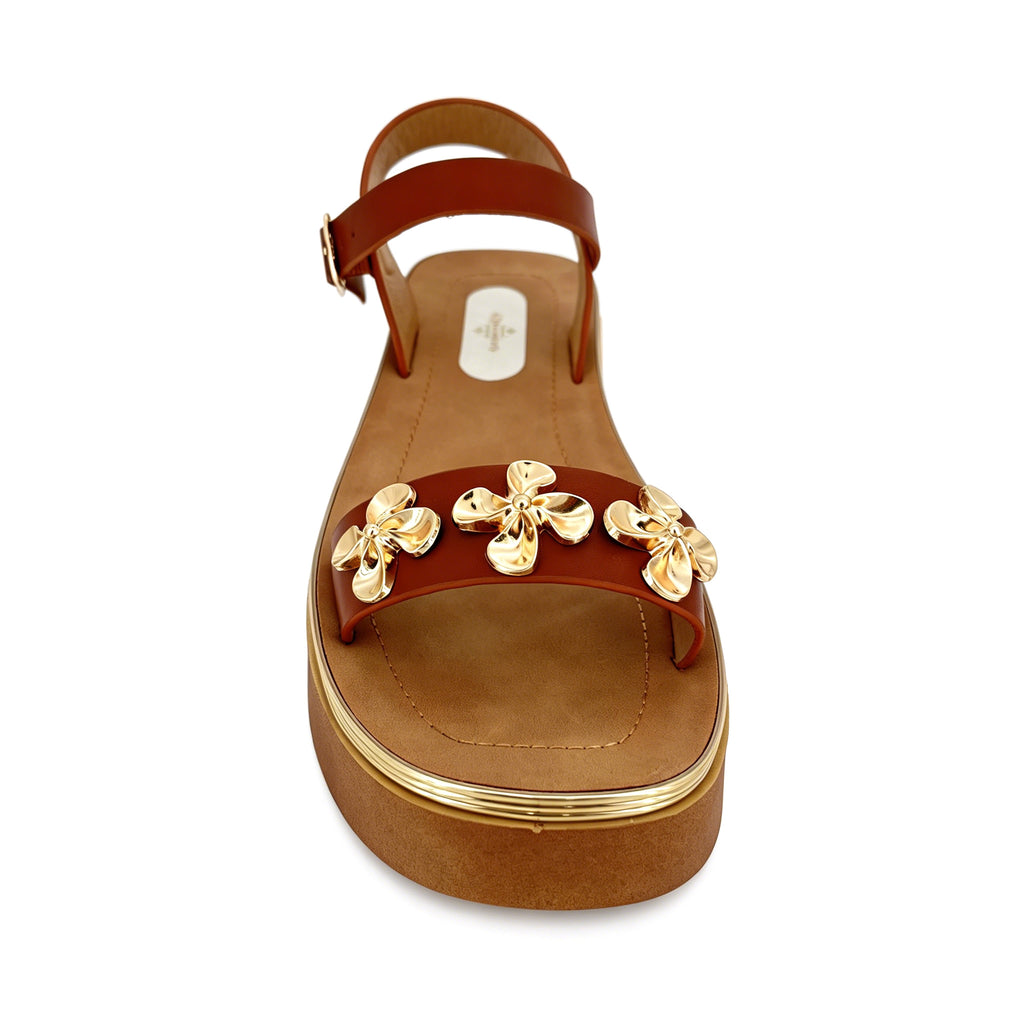 Women's Toe-Ring Platform Sandals with Triple Gold Sculpted Flower | Chunky Cylinder Platform