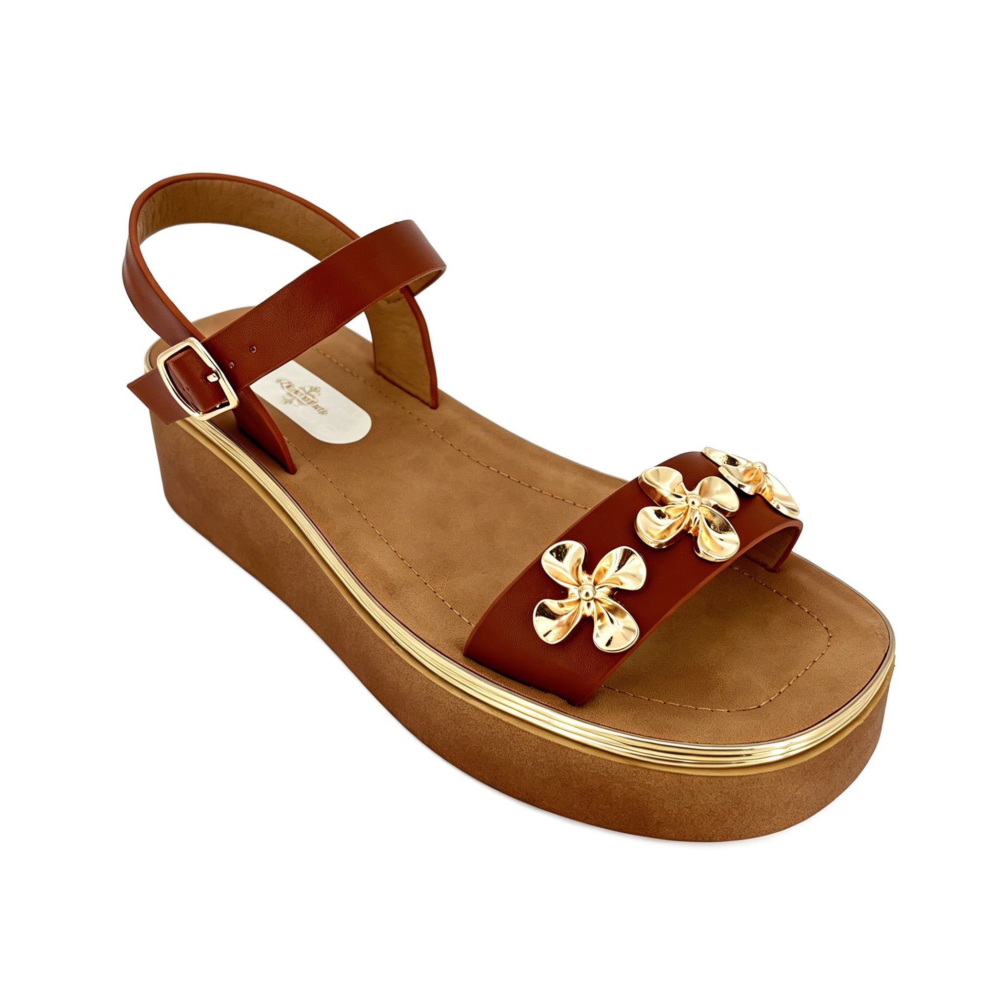 Women's Toe-Ring Platform Sandals with Triple Gold Sculpted Flower | Chunky Cylinder Platform
