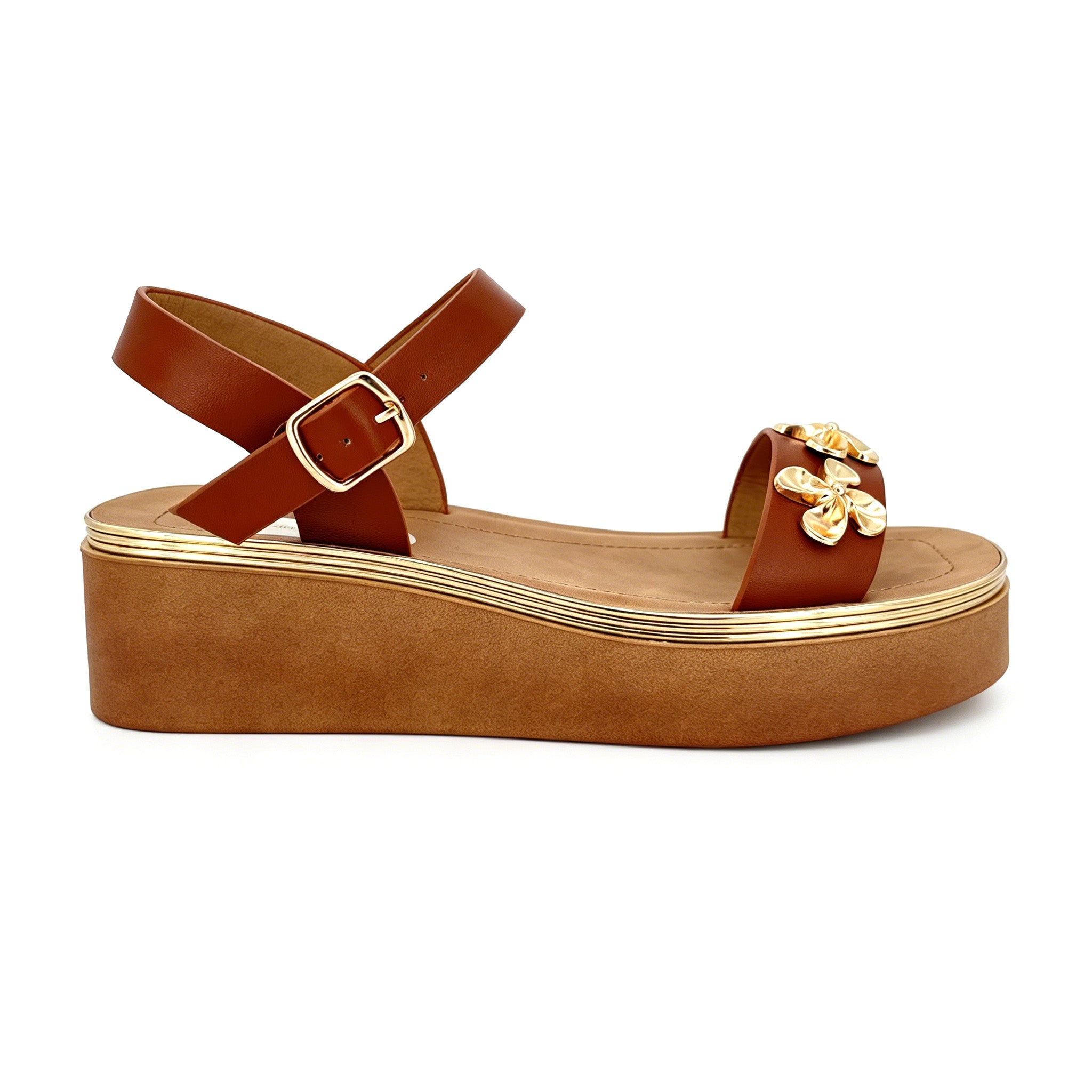 Women's Toe-Ring Platform Sandals with Triple Gold Sculpted Flower | Chunky Cylinder Platform
