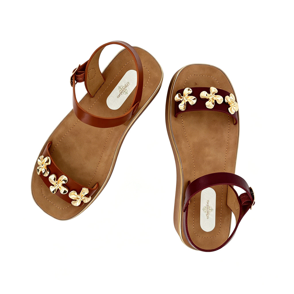 Women's Toe-Ring Platform Sandals with Triple Gold Sculpted Flower | Chunky Cylinder Platform