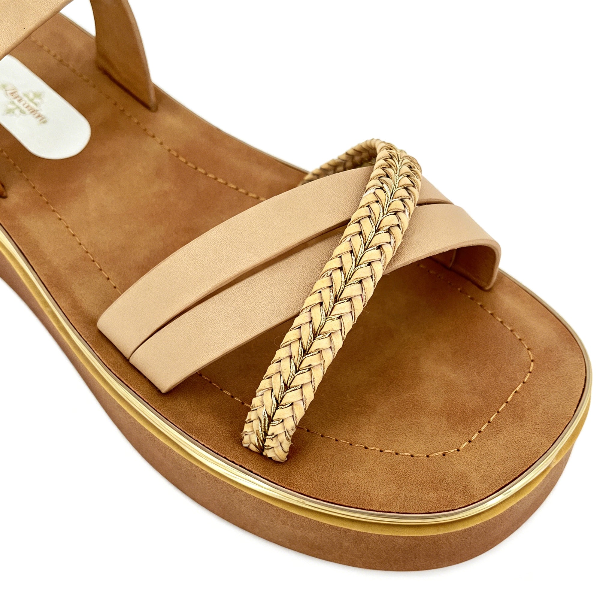 Women's Cross-Strap Platform Sandals with Gold Braided Toe-Ring Strap | Multi-Line Gold Trim Platform