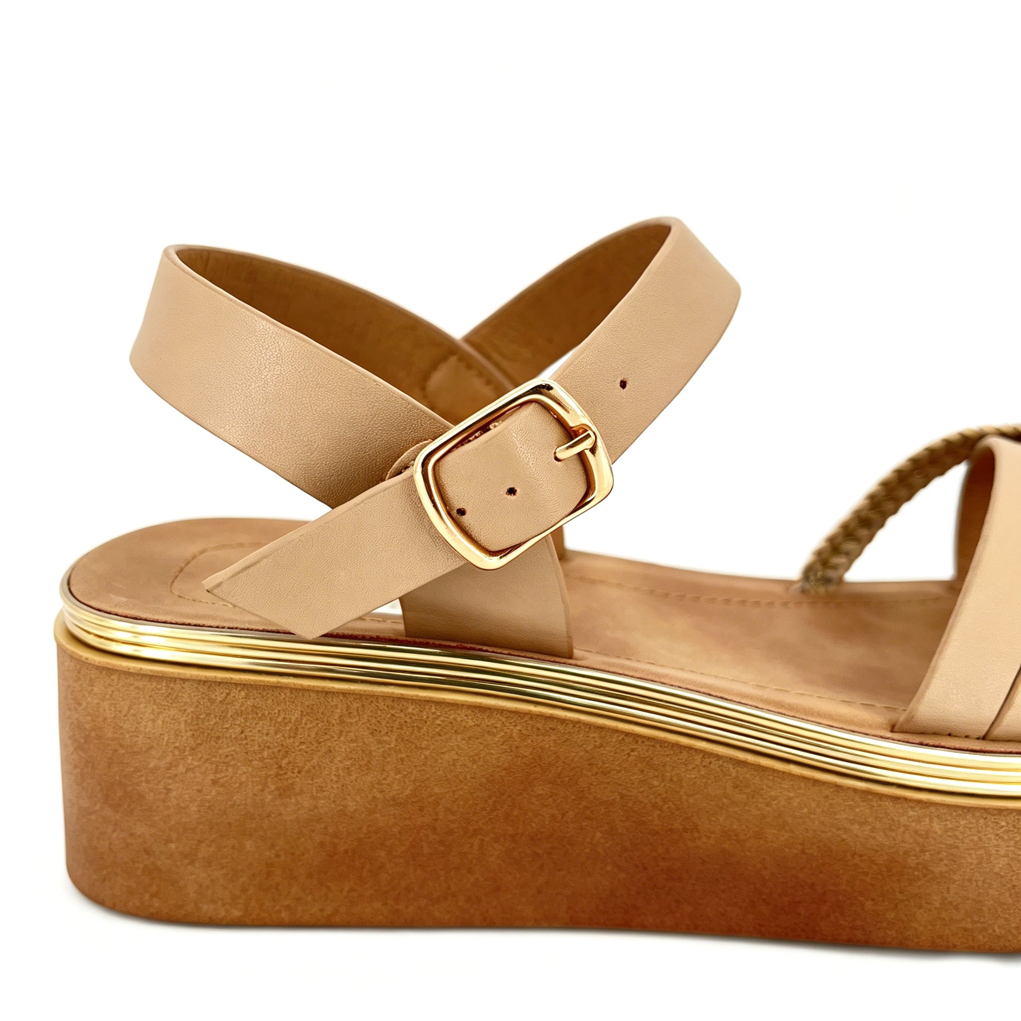 Women's Cross-Strap Platform Sandals with Gold Braided Toe-Ring Strap | Multi-Line Gold Trim Platform