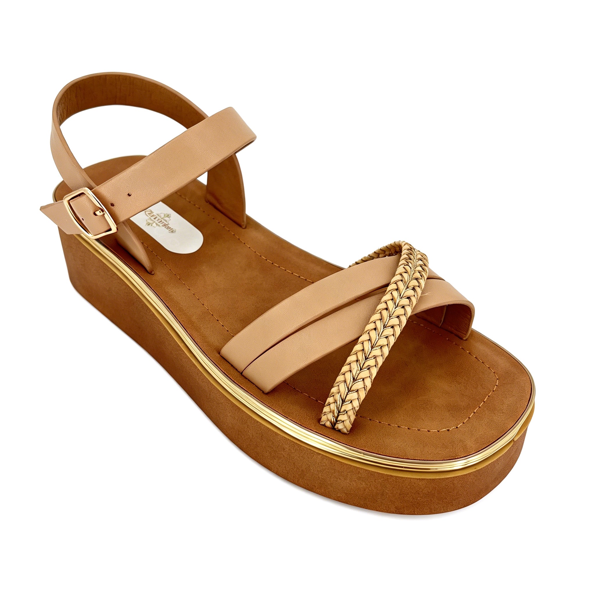 Women's Cross-Strap Platform Sandals with Gold Braided Toe-Ring Strap | Multi-Line Gold Trim Platform