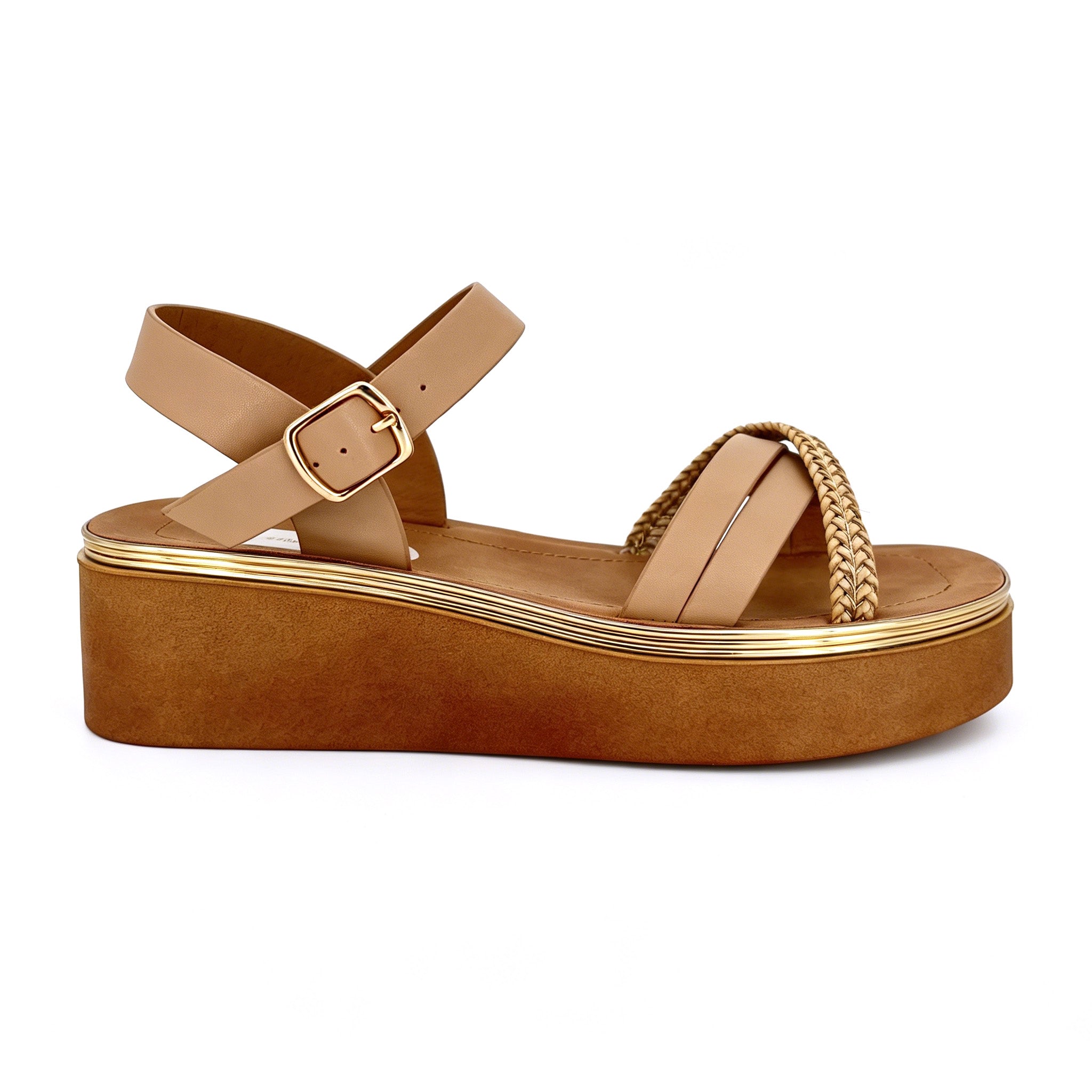Women's Cross-Strap Platform Sandals with Gold Braided Toe-Ring Strap | Multi-Line Gold Trim Platform