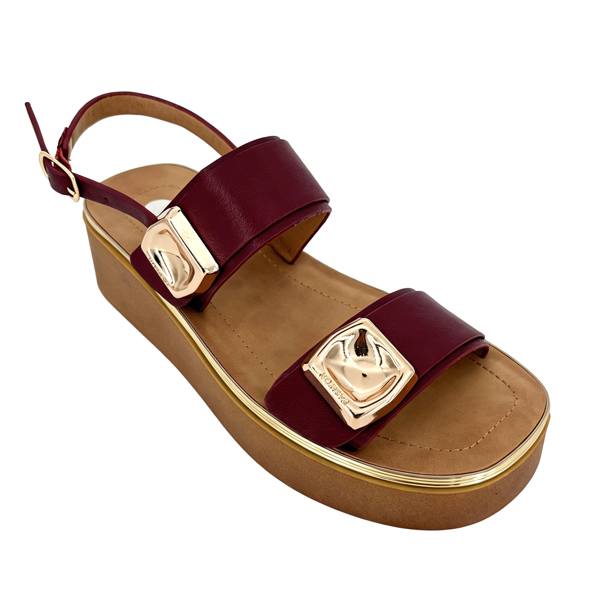 Women's Double-Strap Open-Toe Platform Sandals with Dual Gold Diamond Pyramid Hardware | Chunky Cylinder Platform