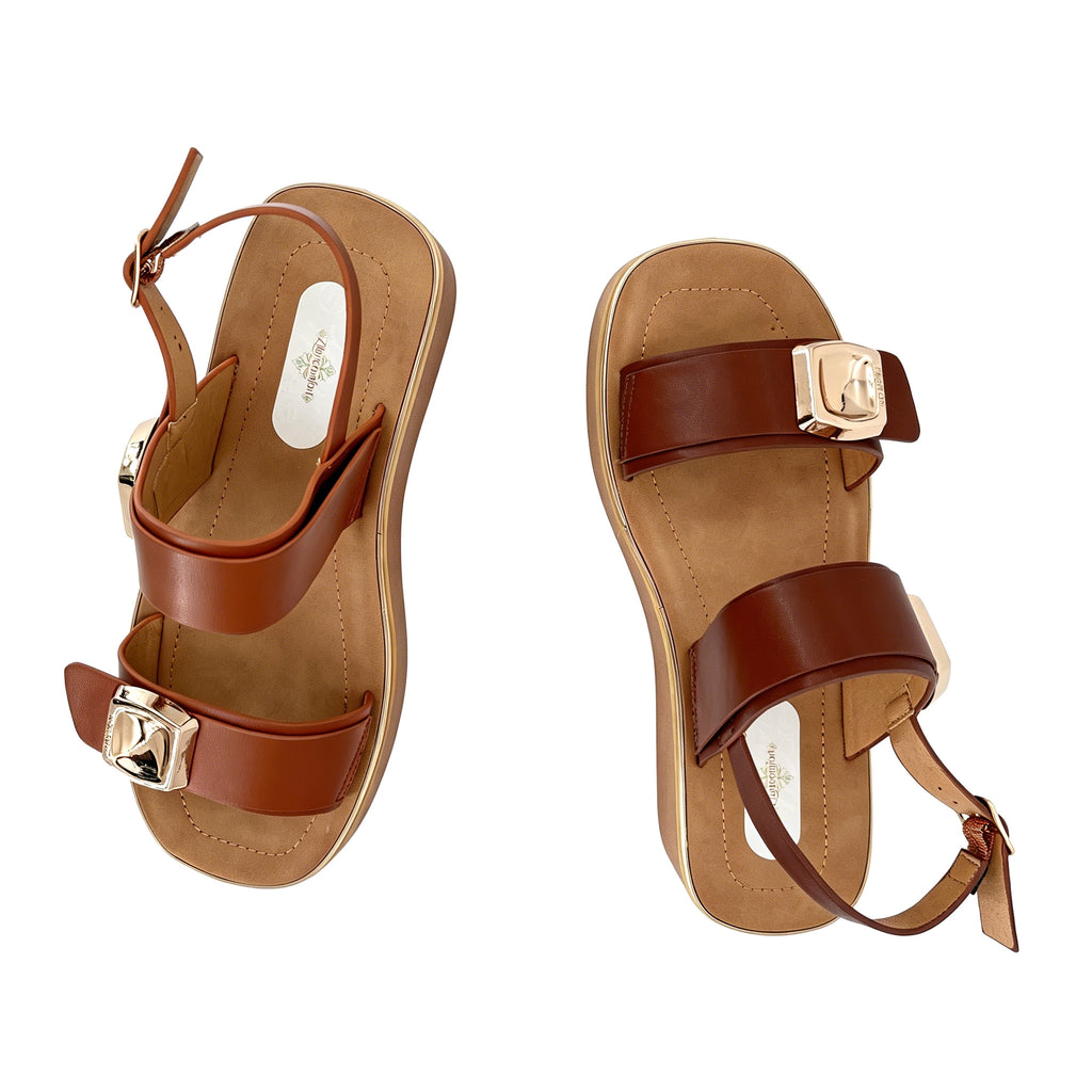 Women's Double-Strap Open-Toe Platform Sandals with Dual Gold Diamond Pyramid Hardware | Chunky Cylinder Platform