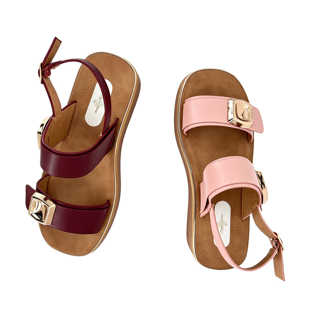 Women's Double-Strap Open-Toe Platform Sandals with Dual Gold Diamond Pyramid Hardware | Chunky Cylinder Platform