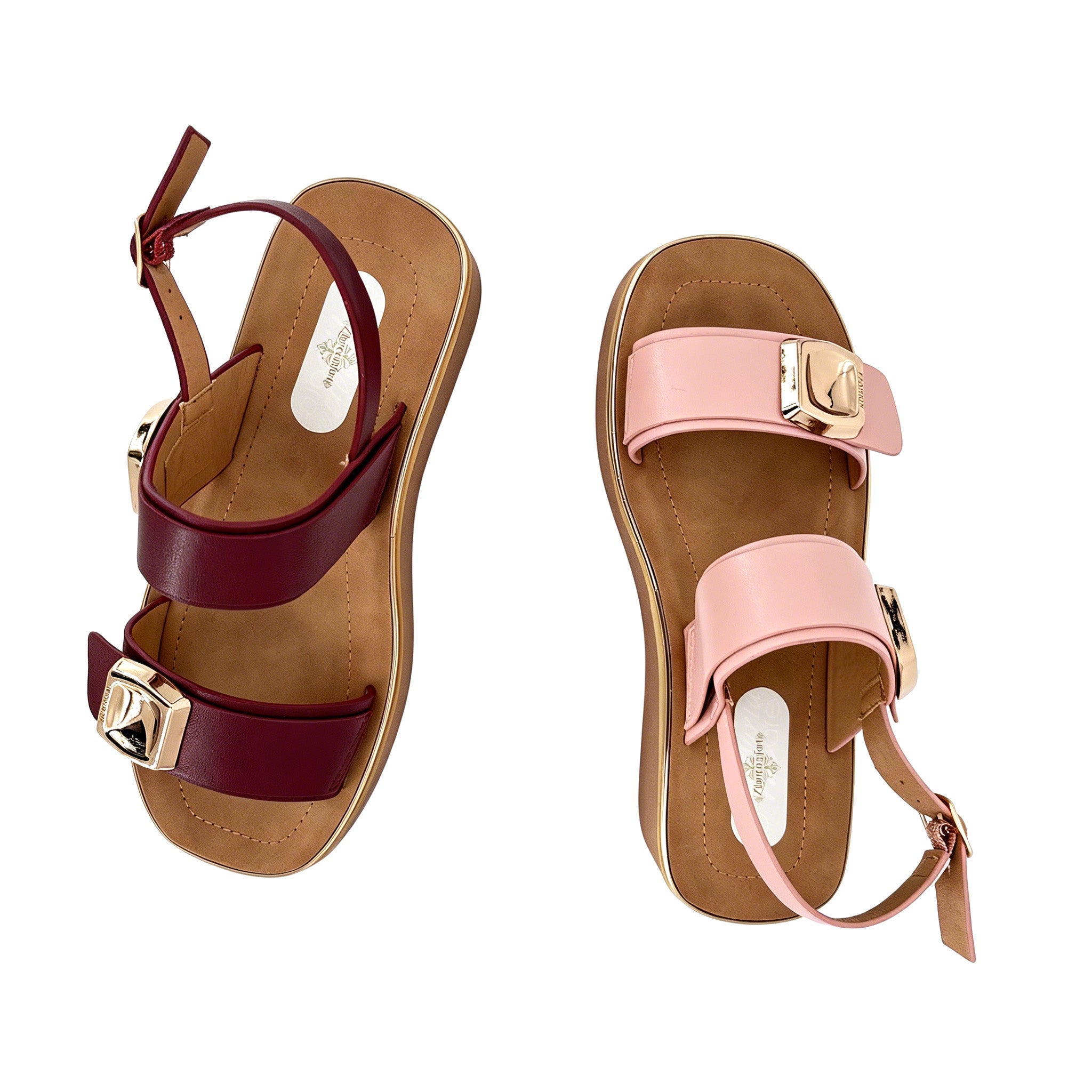 Women's Double-Strap Open-Toe Platform Sandals with Dual Gold Diamond Pyramid Hardware | Chunky Cylinder Platform