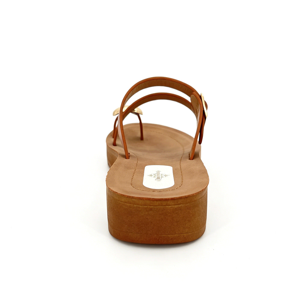 Women's Double-Strap Toe-Ring Wedge Sandals with Gold Dome Ornament | Wood-Texture Low Wedge