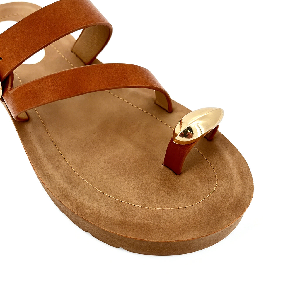 Women's Double-Strap Toe-Ring Wedge Sandals with Gold Dome Ornament | Wood-Texture Low Wedge