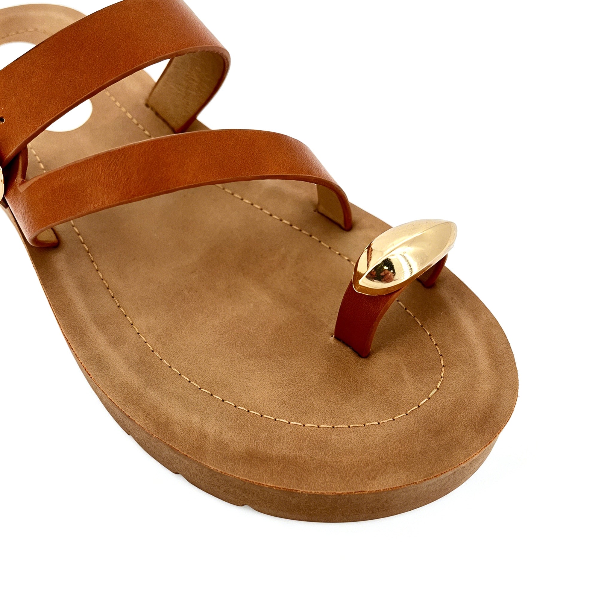 Women's Double-Strap Toe-Ring Wedge Sandals with Gold Dome Ornament | Wood-Texture Low Wedge
