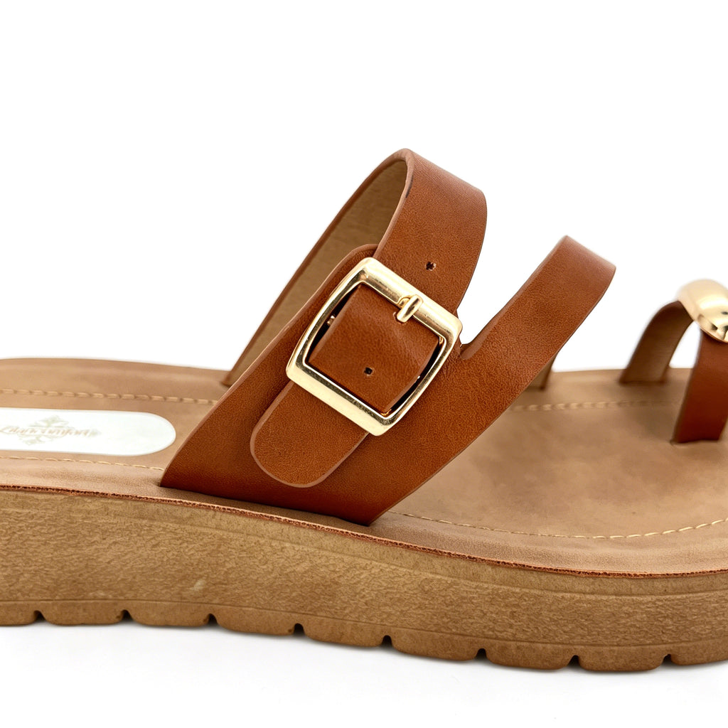 Women's Double-Strap Toe-Ring Wedge Sandals with Gold Dome Ornament | Wood-Texture Low Wedge