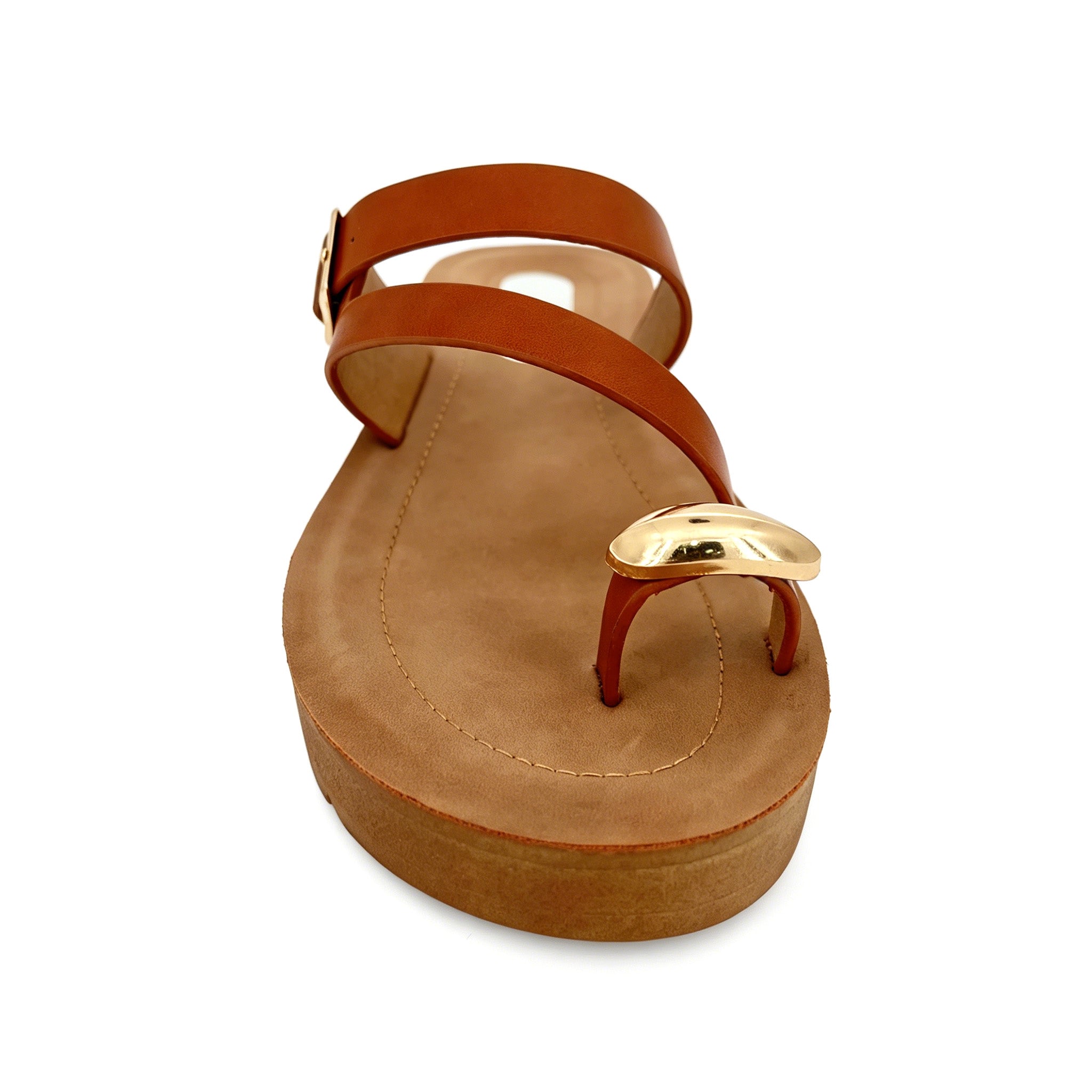 Women's Double-Strap Toe-Ring Wedge Sandals with Gold Dome Ornament | Wood-Texture Low Wedge