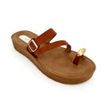 Women's Double-Strap Toe-Ring Wedge Sandals with Gold Dome Ornament | Wood-Texture Low Wedge