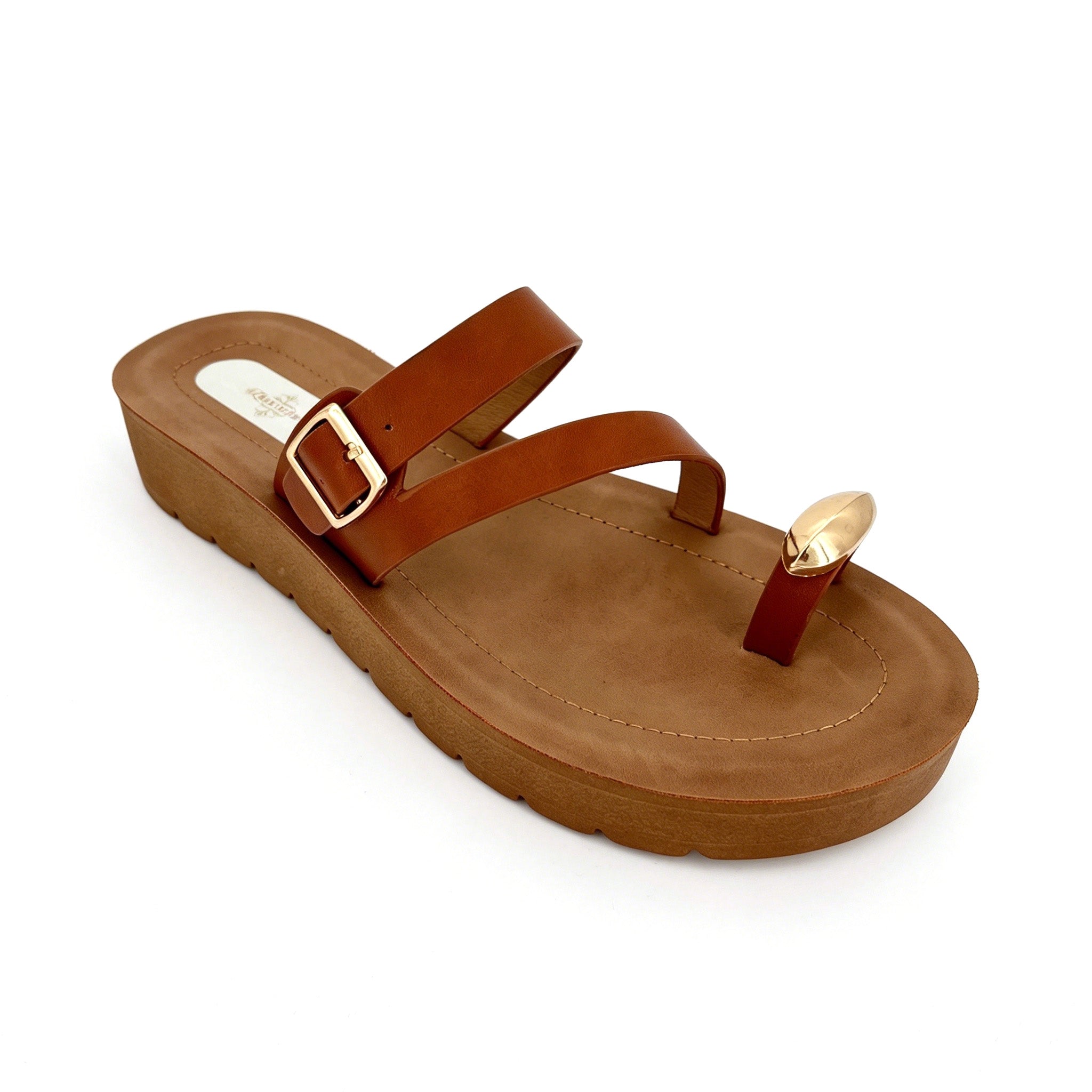 Women's Double-Strap Toe-Ring Wedge Sandals with Gold Dome Ornament | Wood-Texture Low Wedge