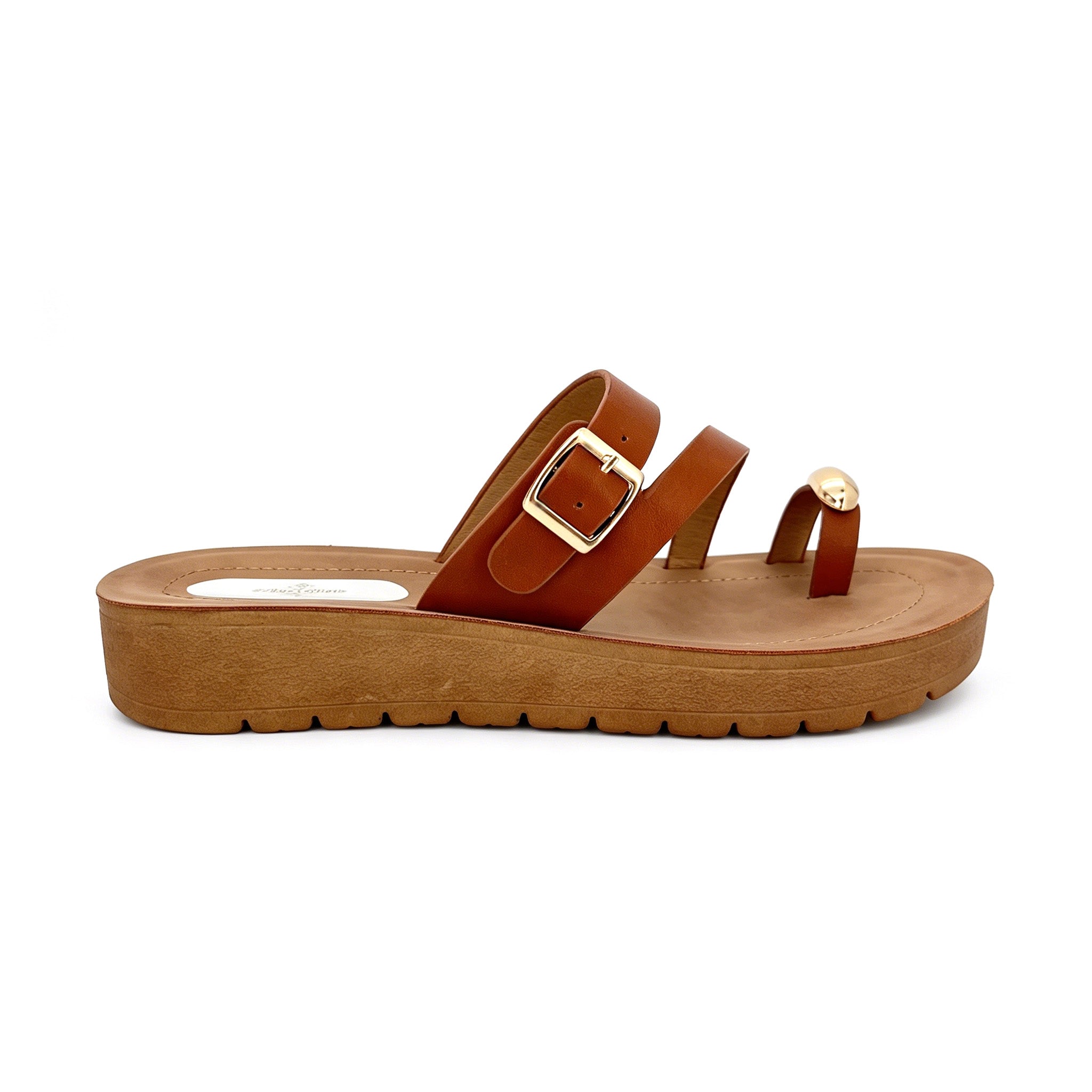 Women's Double-Strap Toe-Ring Wedge Sandals with Gold Dome Ornament | Wood-Texture Low Wedge