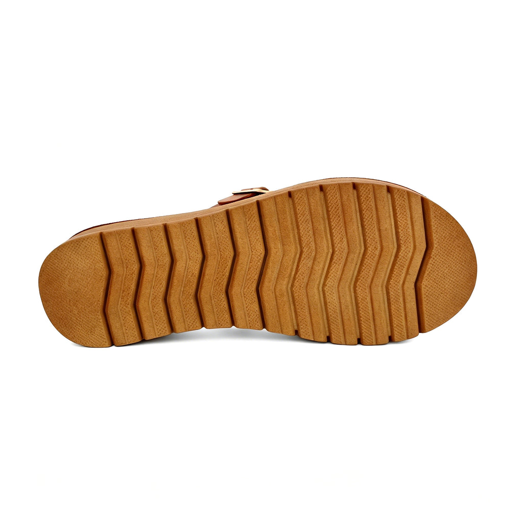 Women's Double-Strap Toe-Ring Wedge Sandals with Gold Dome Ornament | Wood-Texture Low Wedge
