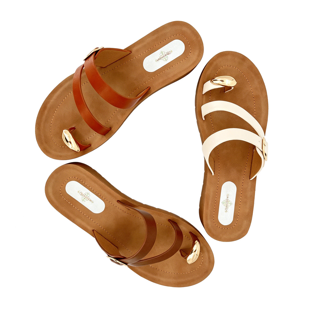 Women's Double-Strap Toe-Ring Wedge Sandals with Gold Dome Ornament | Wood-Texture Low Wedge