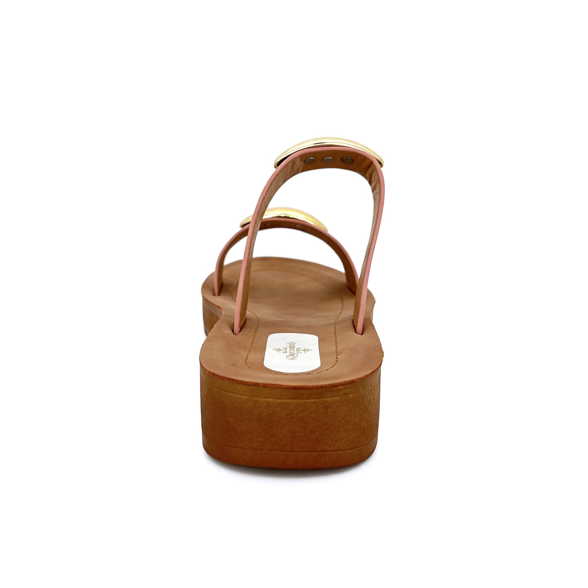 Women's Double-Strap Slip-On Platform Sandals with Dual Oversized Gold Oval Dome | Wood-Texture Low Wedge