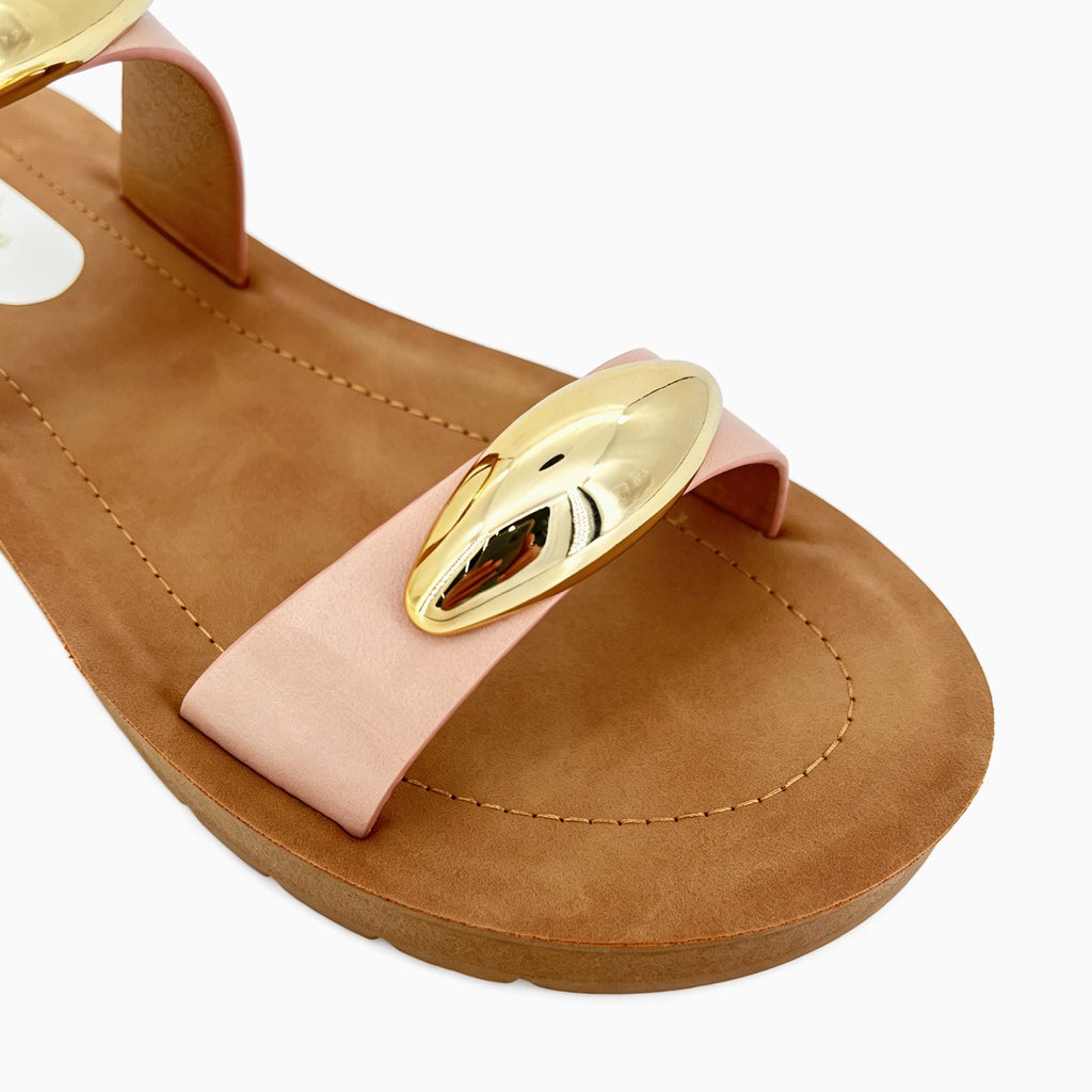 Women's Double-Strap Slip-On Platform Sandals with Dual Oversized Gold Oval Dome | Wood-Texture Low Wedge