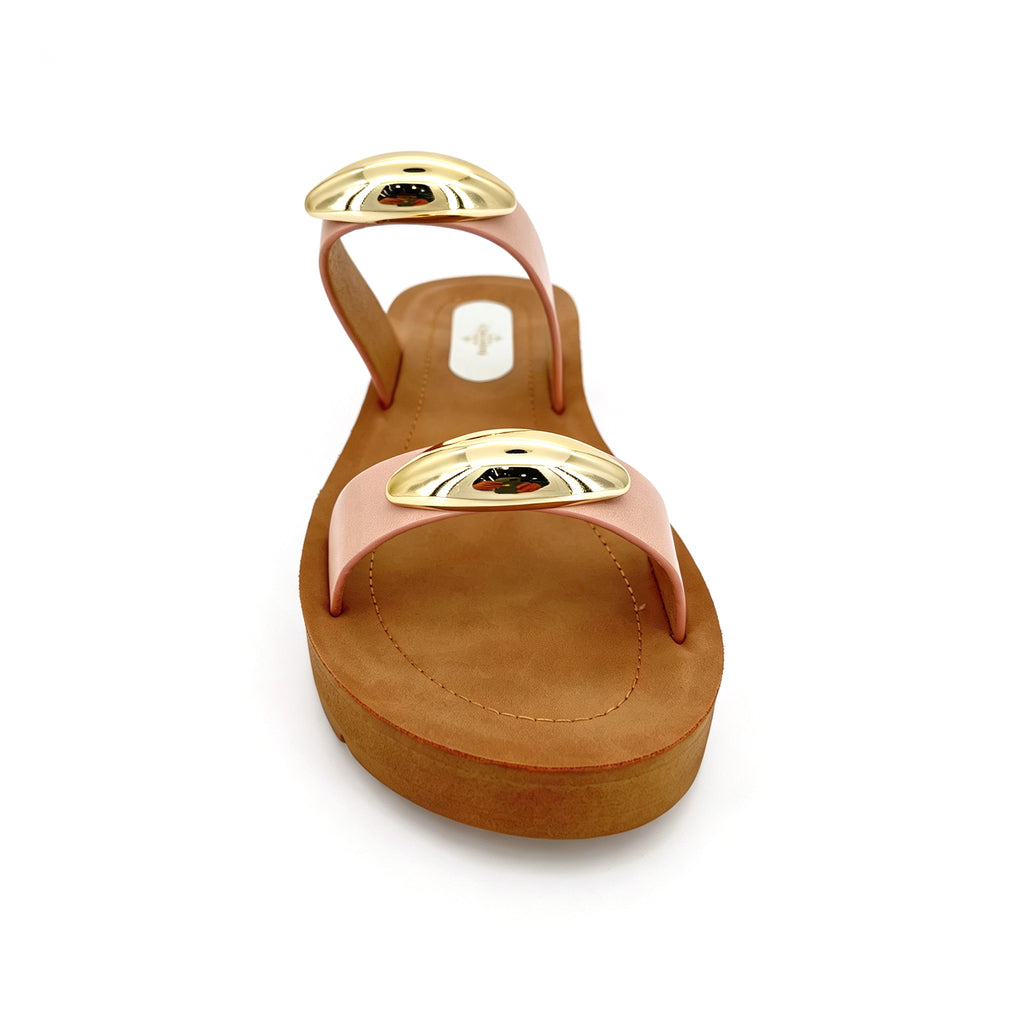 Women's Double-Strap Slip-On Platform Sandals with Dual Oversized Gold Oval Dome | Wood-Texture Low Wedge