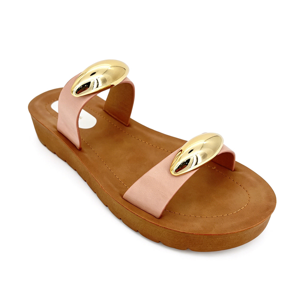 Women's Double-Strap Slip-On Platform Sandals with Dual Oversized Gold Oval Dome | Wood-Texture Low Wedge