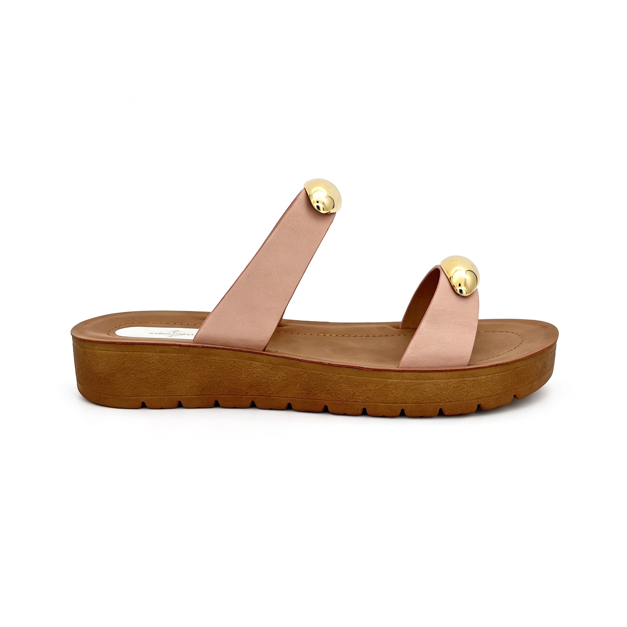 Women's Double-Strap Slip-On Platform Sandals with Dual Oversized Gold Oval Dome | Wood-Texture Low Wedge