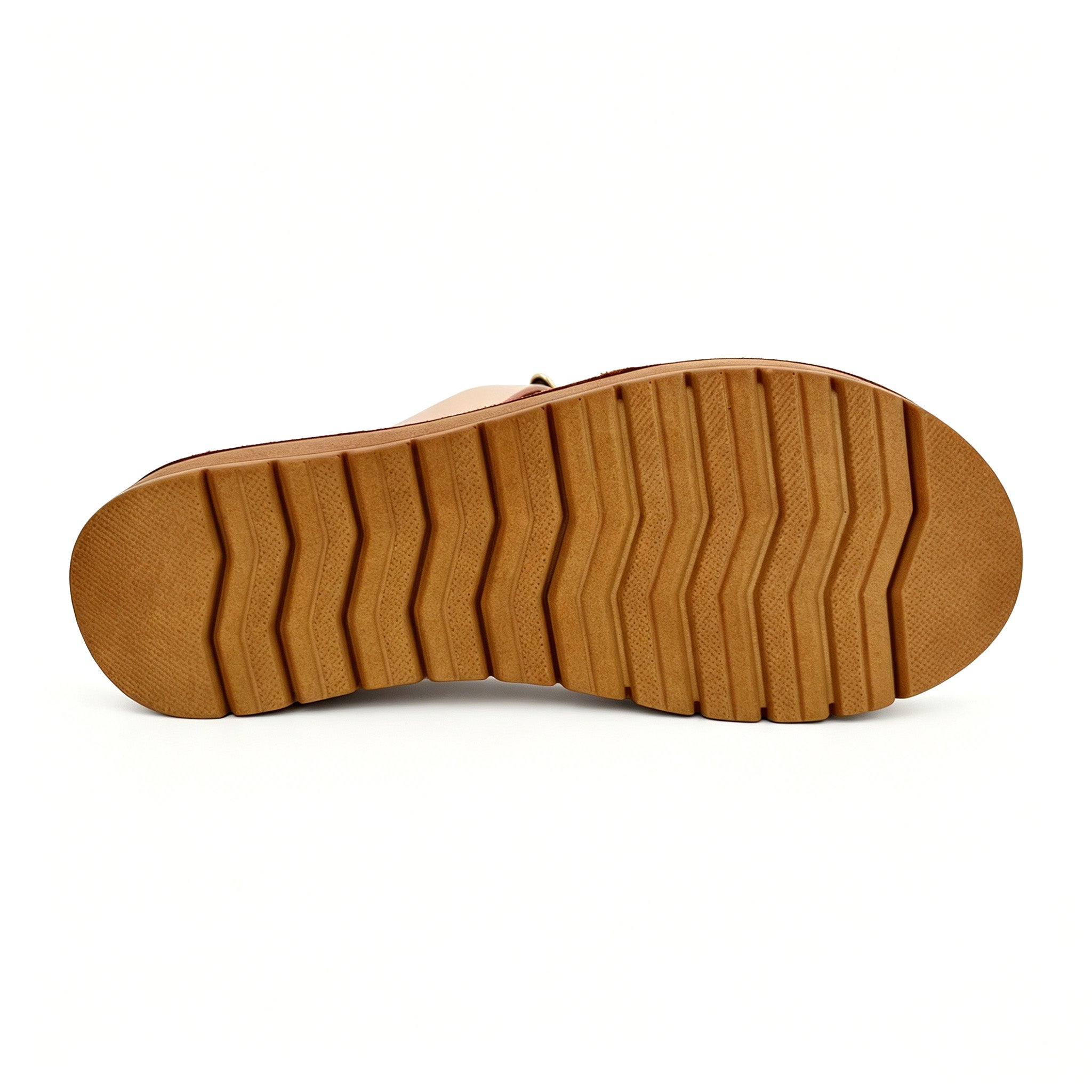 Women's Double-Strap Slip-On Platform Sandals with Dual Oversized Gold Oval Dome | Wood-Texture Low Wedge