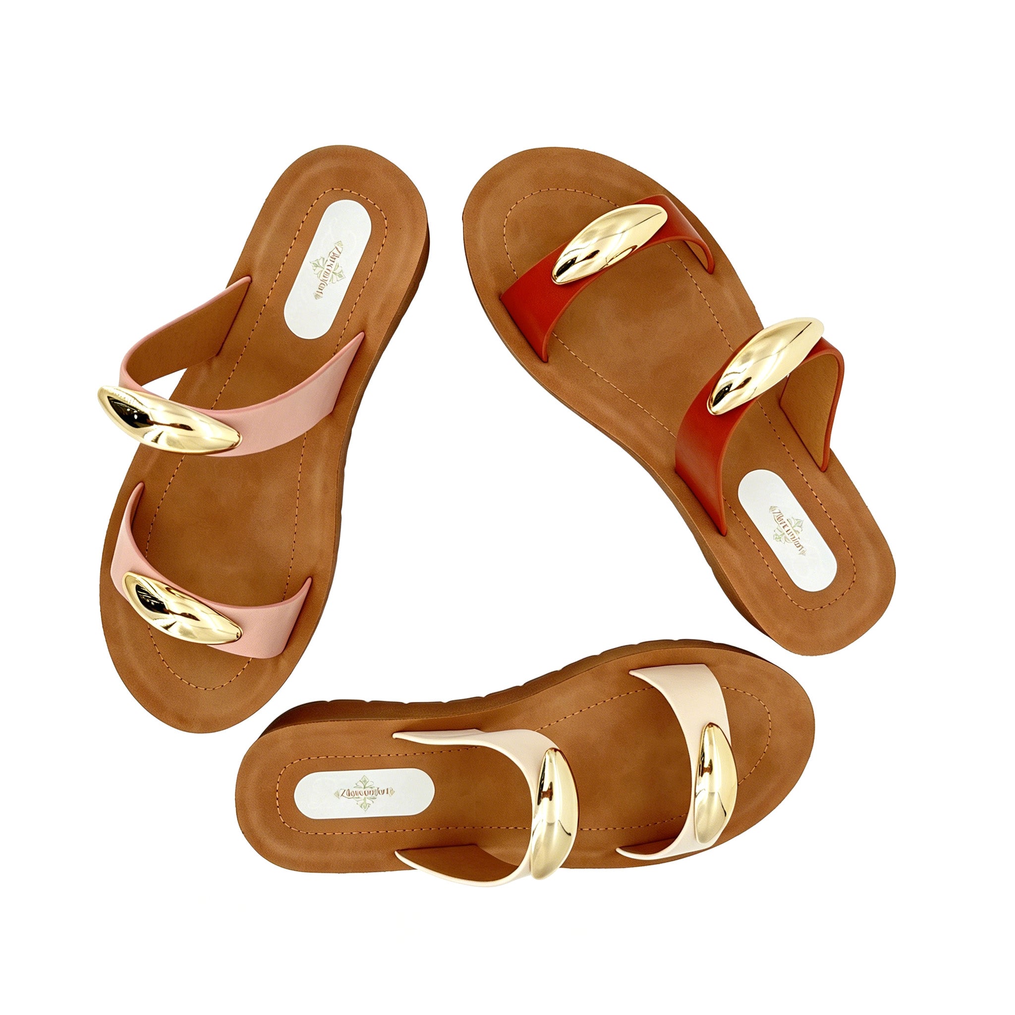 Women's Double-Strap Slip-On Platform Sandals with Dual Oversized Gold Oval Dome | Wood-Texture Low Wedge