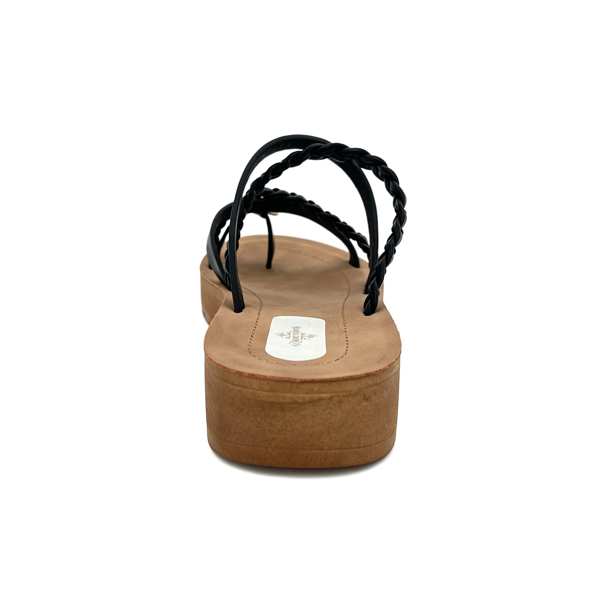 Women's Three-Strap Braided Slip-On Wedge Sandals with Gold Oval Toe Ornament | Wood-Texture Low Wedge