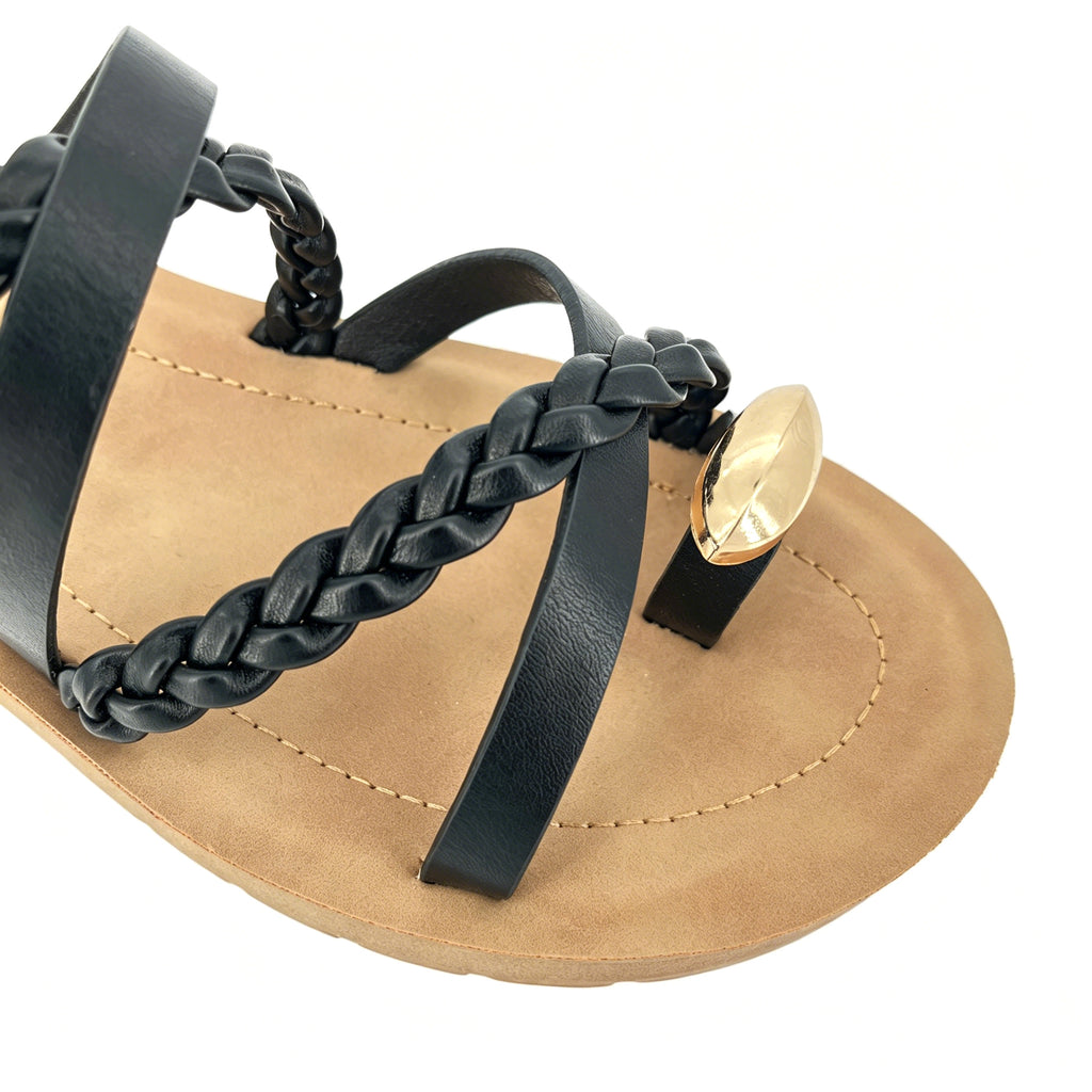 Women's Three-Strap Braided Slip-On Wedge Sandals with Gold Oval Toe Ornament | Wood-Texture Low Wedge
