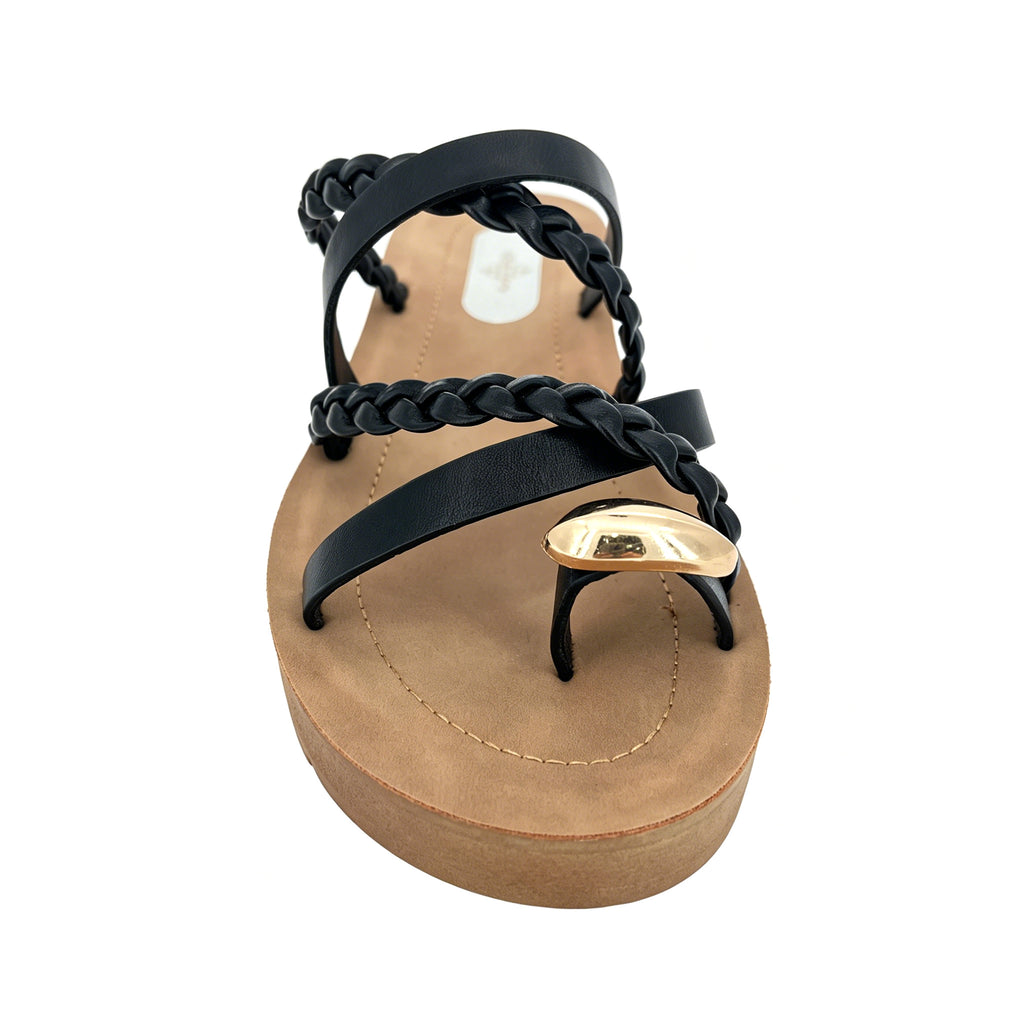Women's Three-Strap Braided Slip-On Wedge Sandals with Gold Oval Toe Ornament | Wood-Texture Low Wedge