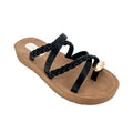 Women's Three-Strap Braided Slip-On Wedge Sandals with Gold Oval Toe Ornament | Wood-Texture Low Wedge