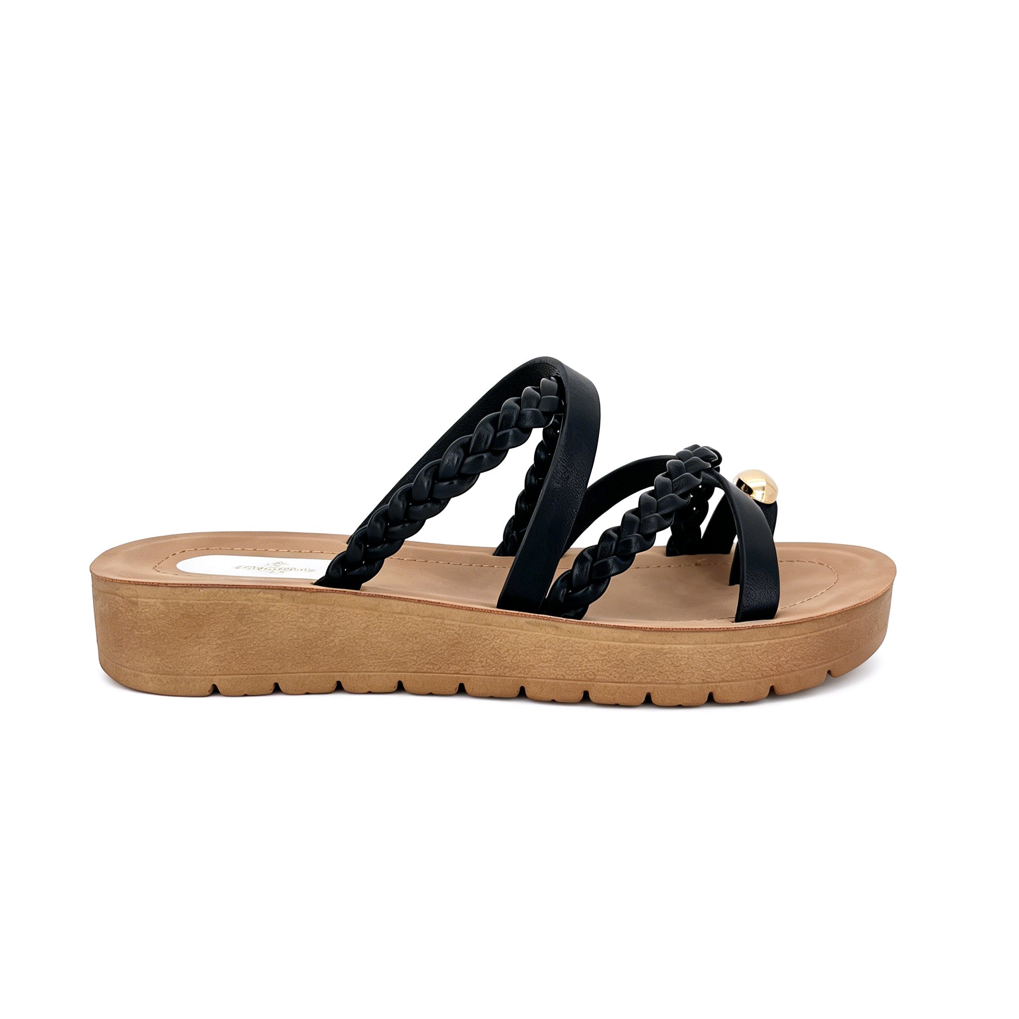 Women's Three-Strap Braided Slip-On Wedge Sandals with Gold Oval Toe Ornament | Wood-Texture Low Wedge