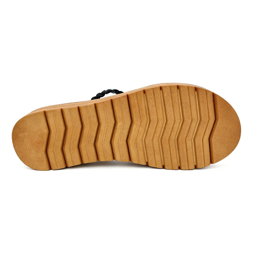 Women's Three-Strap Braided Slip-On Wedge Sandals with Gold Oval Toe Ornament | Wood-Texture Low Wedge