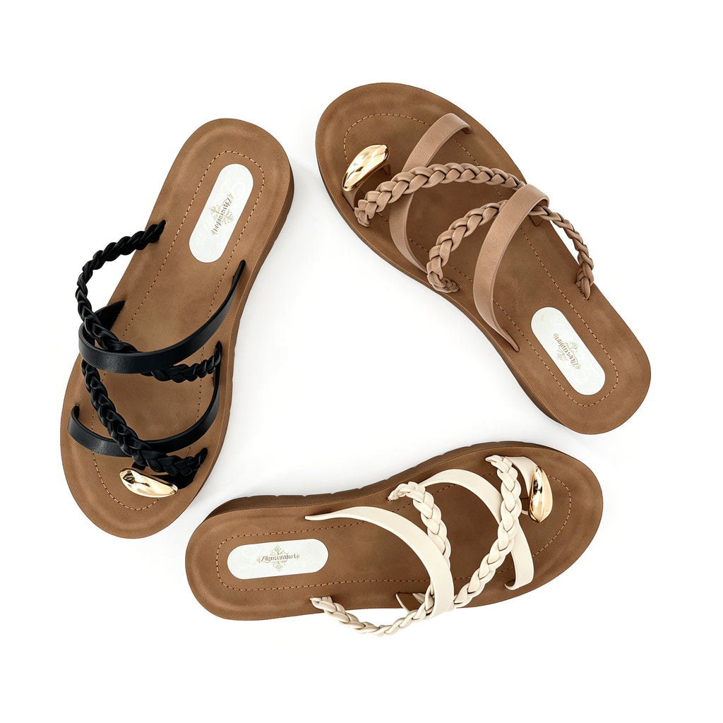 Women's Three-Strap Braided Slip-On Wedge Sandals with Gold Oval Toe Ornament | Wood-Texture Low Wedge