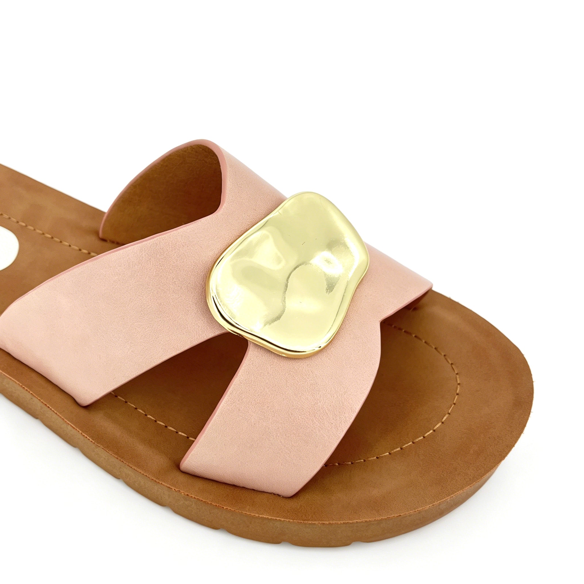 Women's Cross-Strap Slip-On Platform Sandals with Oversized Gold Molten Disc | Wood-Texture Low Wedge