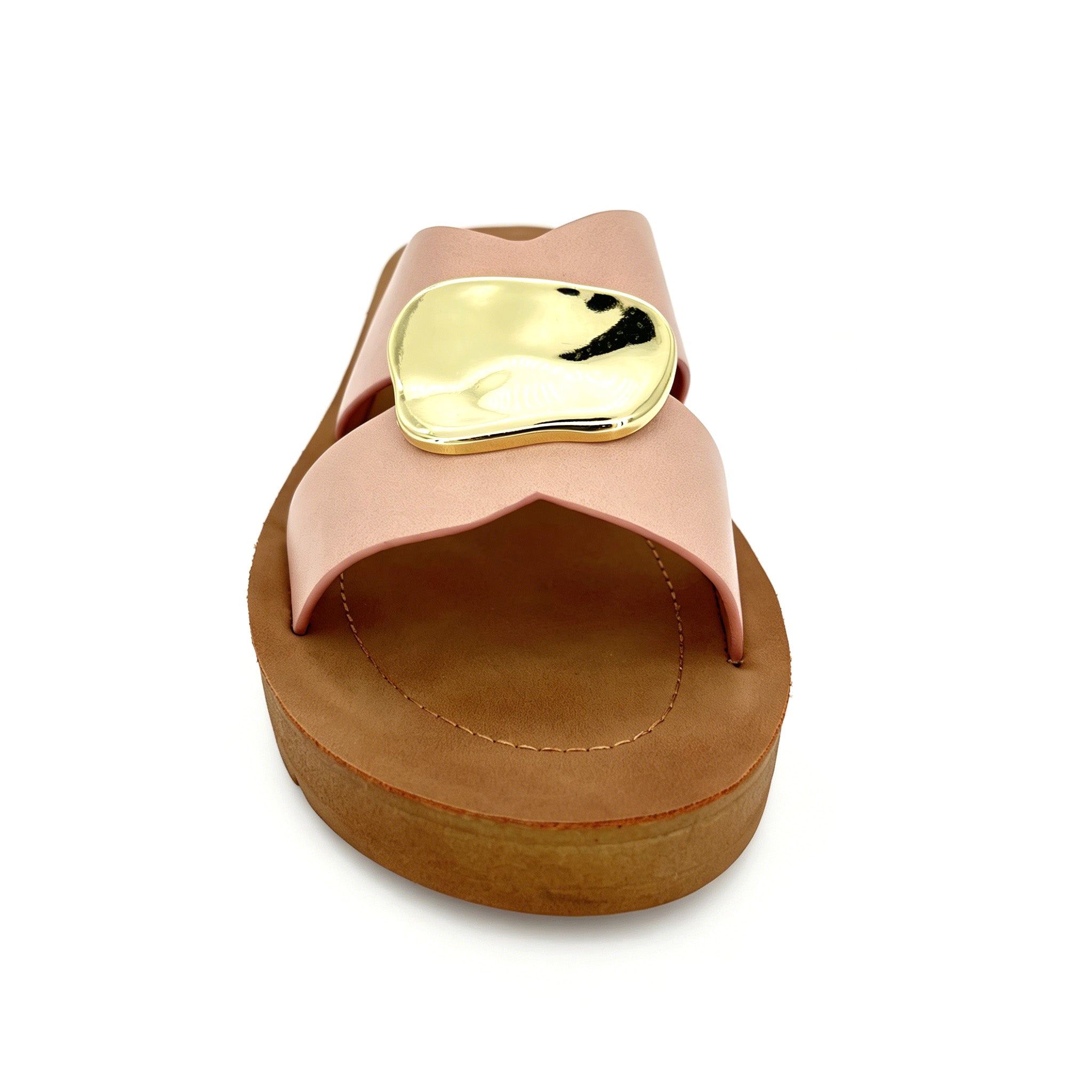 Women's Cross-Strap Slip-On Platform Sandals with Oversized Gold Molten Disc | Wood-Texture Low Wedge