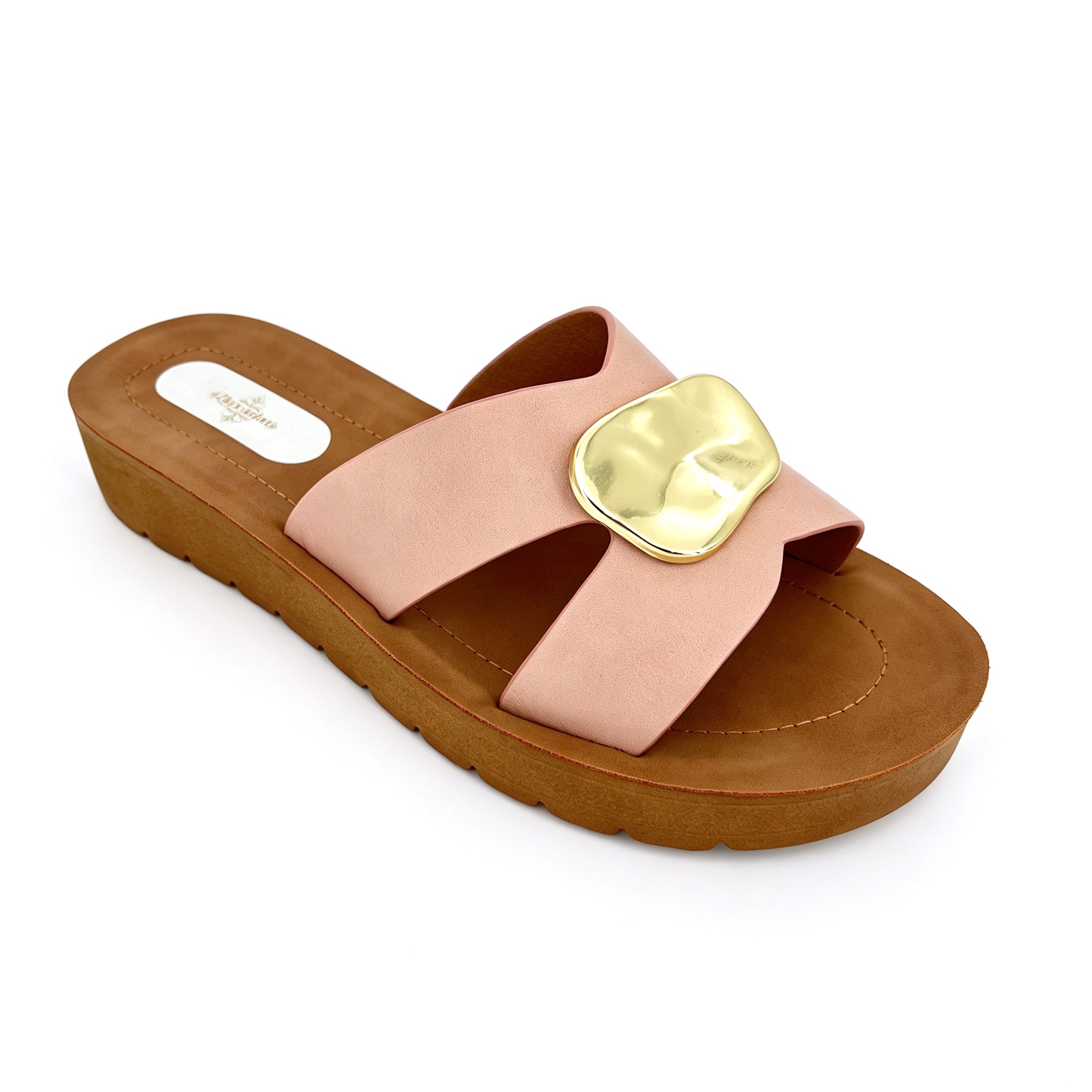 Women's Cross-Strap Slip-On Platform Sandals with Oversized Gold Molten Disc | Wood-Texture Low Wedge