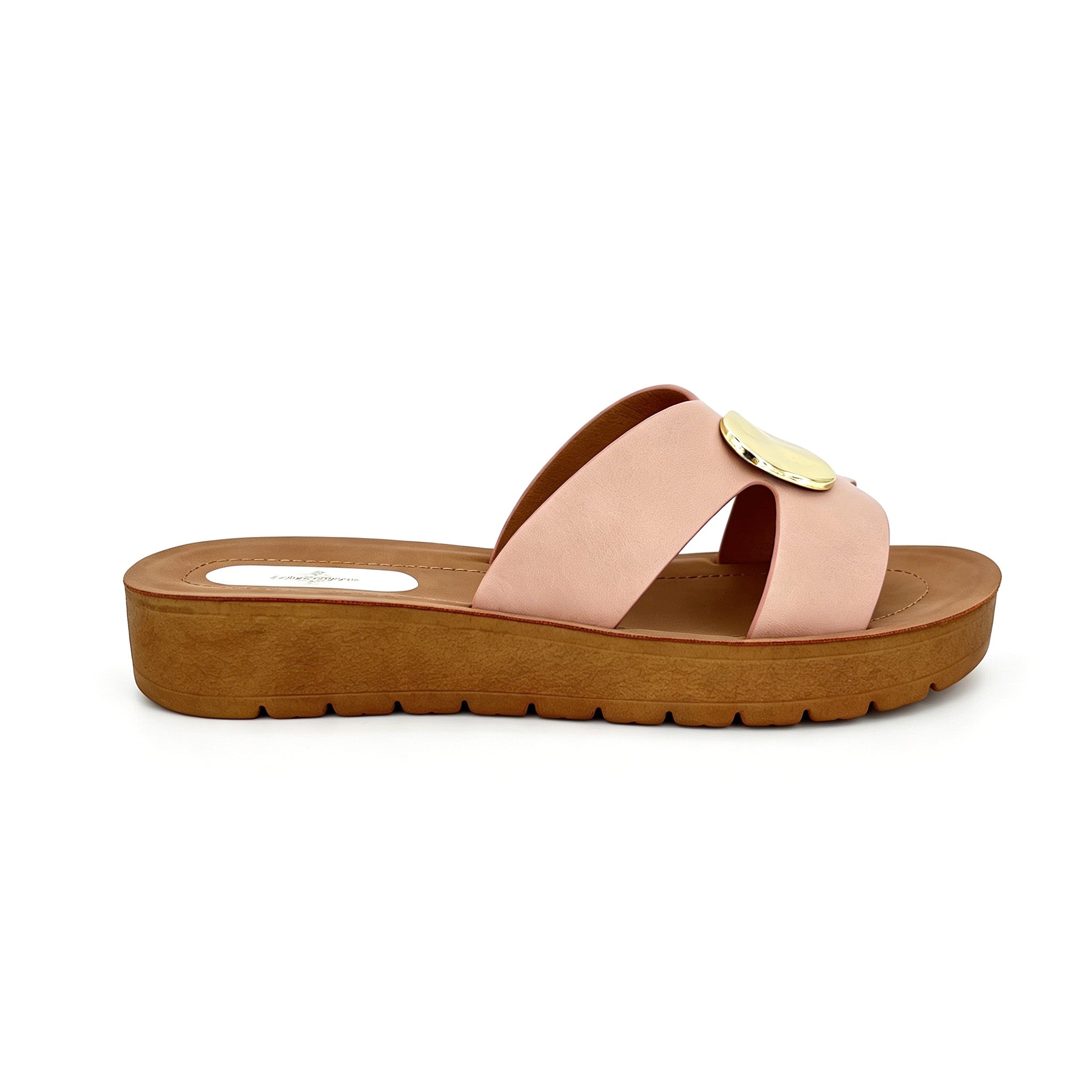 Women's Cross-Strap Slip-On Platform Sandals with Oversized Gold Molten Disc | Wood-Texture Low Wedge