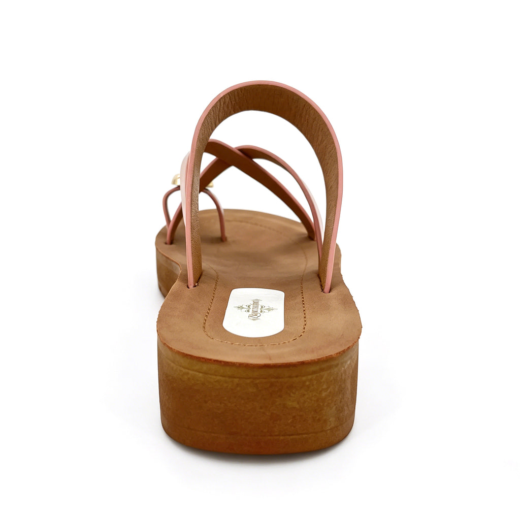 Women's Three-Strap Slip-On Platform Sandals with Gold Tortoiseshell Embossed Toe Ornament | Wood-Texture Mid Wedge