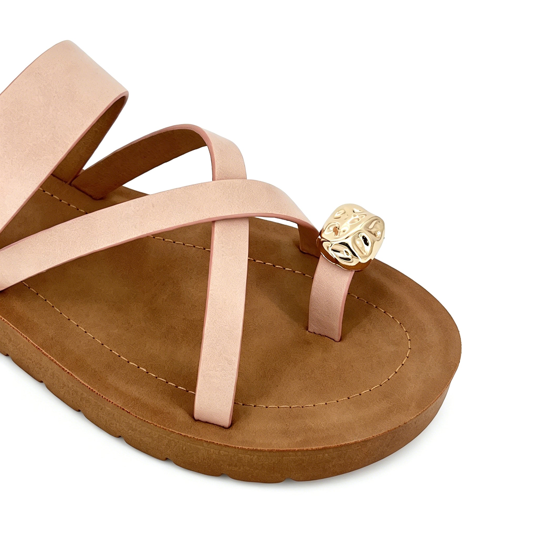Women's Three-Strap Slip-On Platform Sandals with Gold Tortoiseshell Embossed Toe Ornament | Wood-Texture Mid Wedge