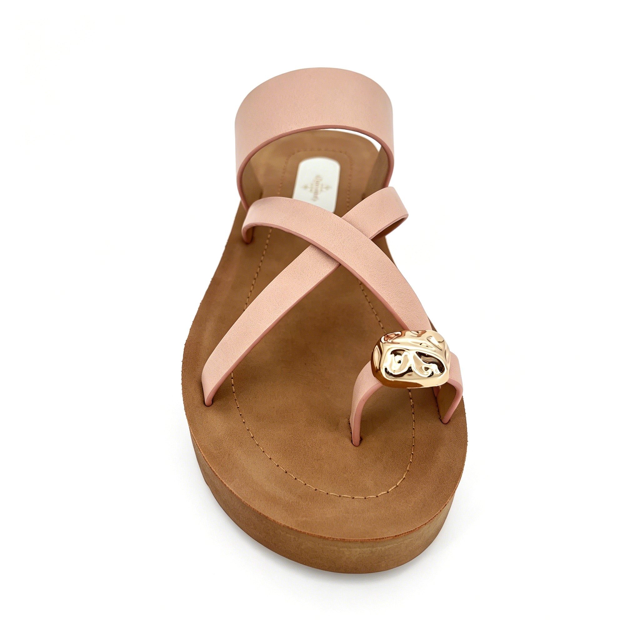 Women's Three-Strap Slip-On Platform Sandals with Gold Tortoiseshell Embossed Toe Ornament | Wood-Texture Mid Wedge
