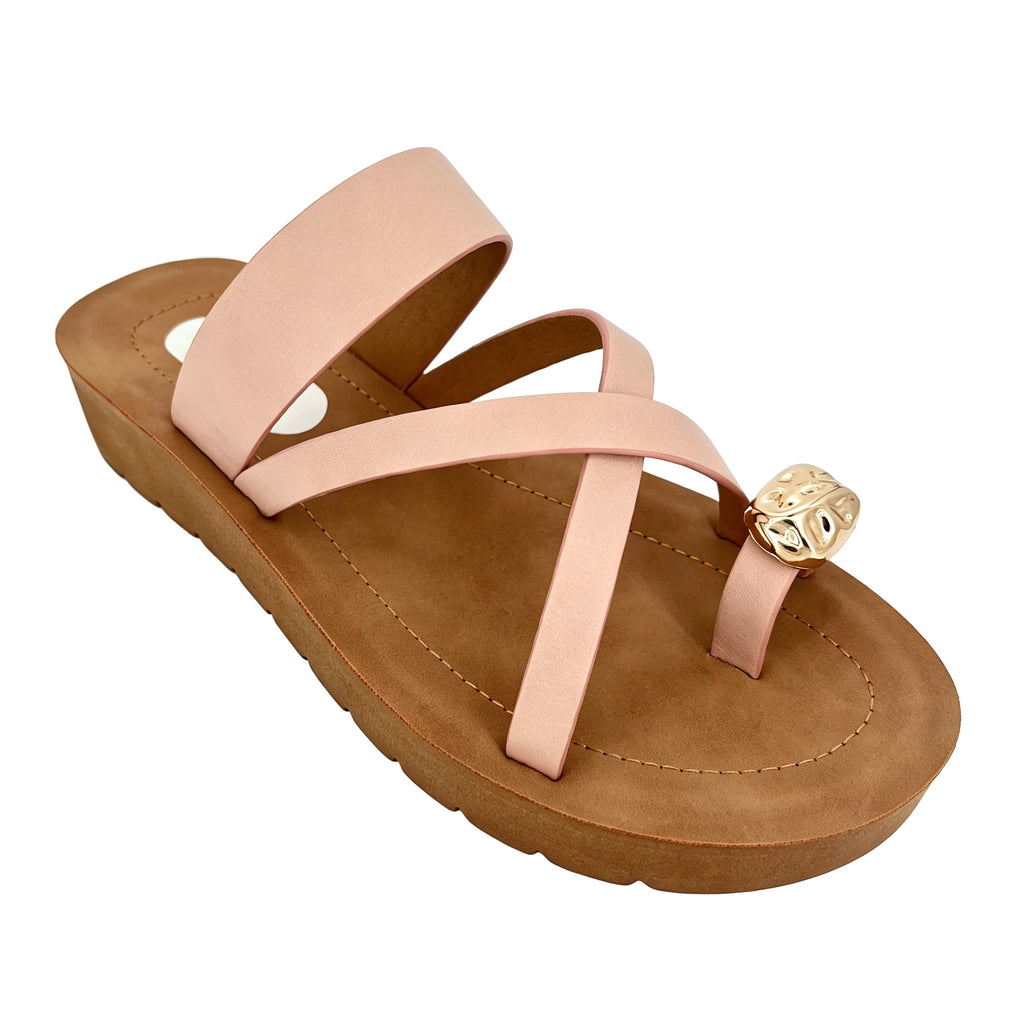 Women's Three-Strap Slip-On Platform Sandals with Gold Tortoiseshell Embossed Toe Ornament | Wood-Texture Mid Wedge