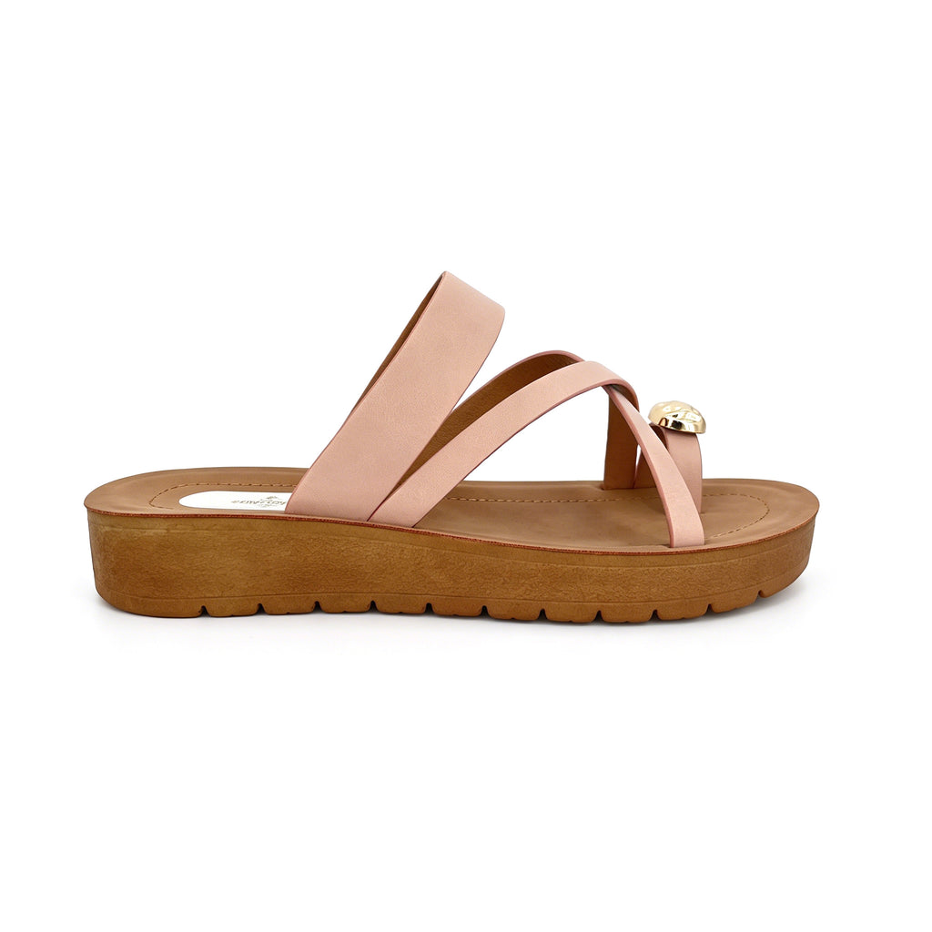 Women's Three-Strap Slip-On Platform Sandals with Gold Tortoiseshell Embossed Toe Ornament | Wood-Texture Mid Wedge
