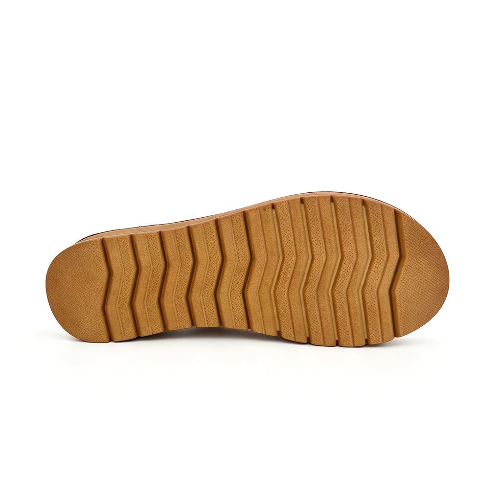Women's Three-Strap Slip-On Platform Sandals with Gold Tortoiseshell Embossed Toe Ornament | Wood-Texture Mid Wedge